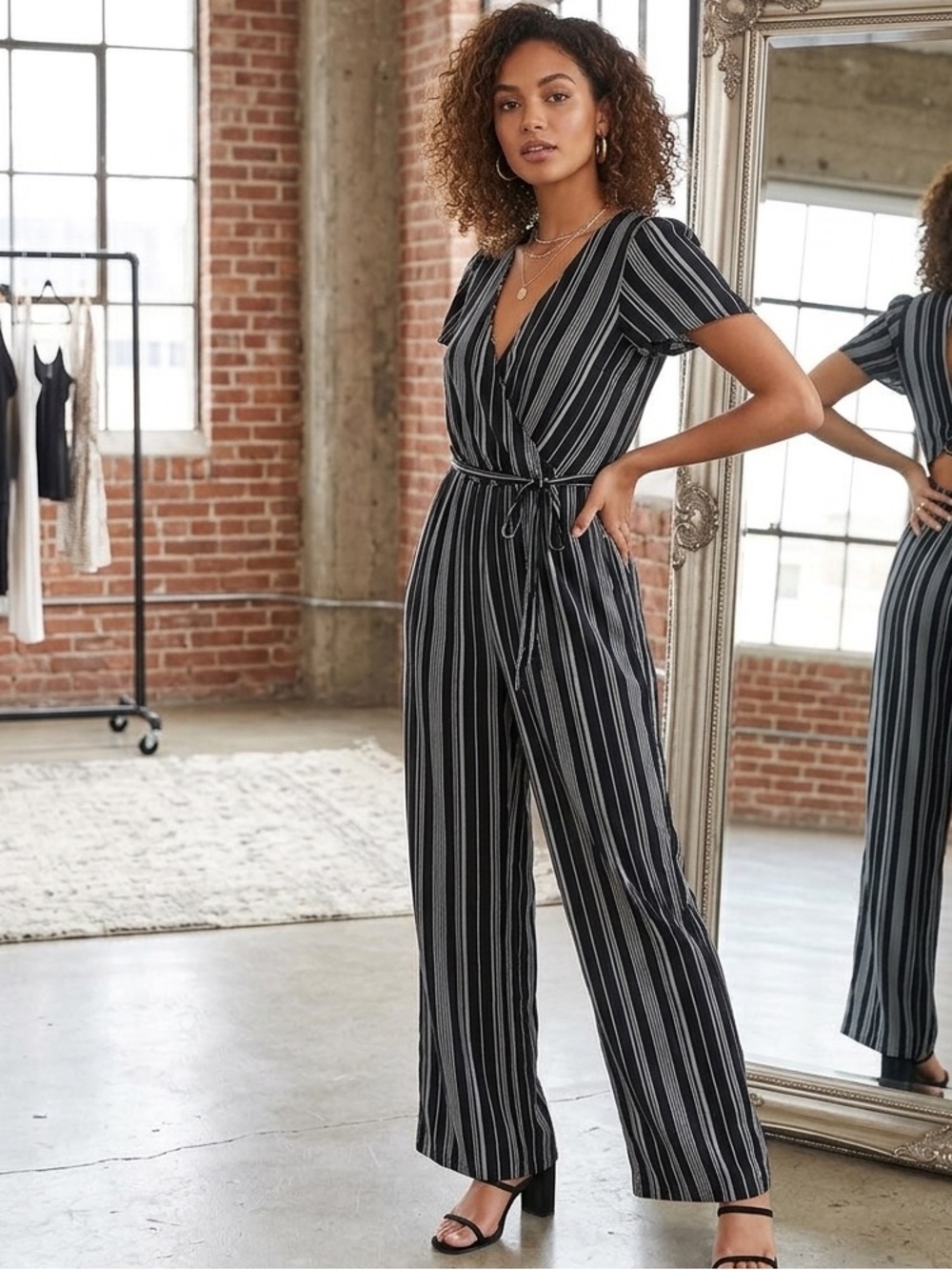 B.O.G. Collective Striped Black & White Wrap-Front Wide-Leg Jumpsuit, Size Small